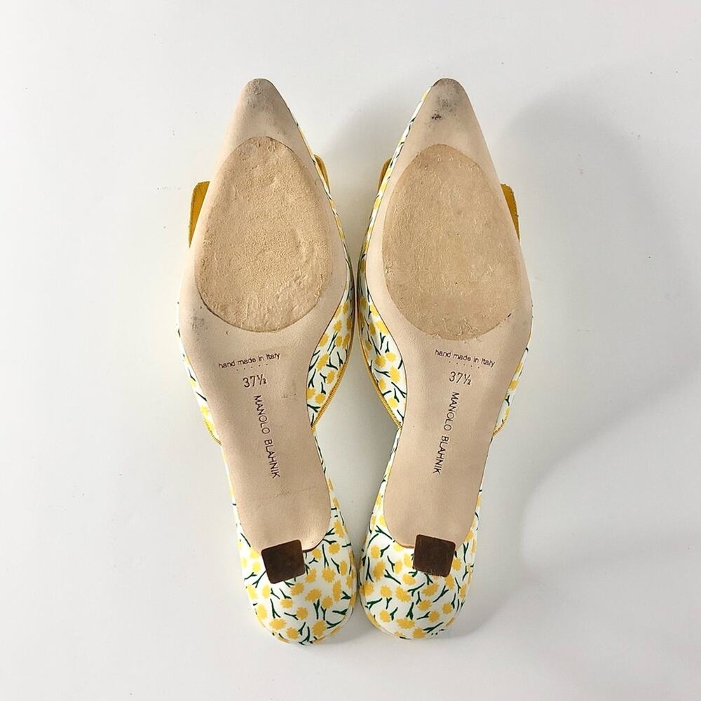 Manolo Blahnik Maysalebi Yellow Flower Print Slip On Kitten Heel Mules 37.5 - Picture 6 of 9